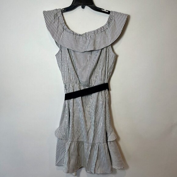 Velvet Heart Off Shoulder Fit & Flare Dress Womens L Black Belted Striped Ruffle - Picture 5 of 10